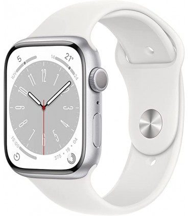 Apple Watch Series 8 (GPS) Smartwatch con Caja de Aluminio Color Plata de 45 mm y Correa Deportiva Blanca. Apps ECG y Oxígeno en