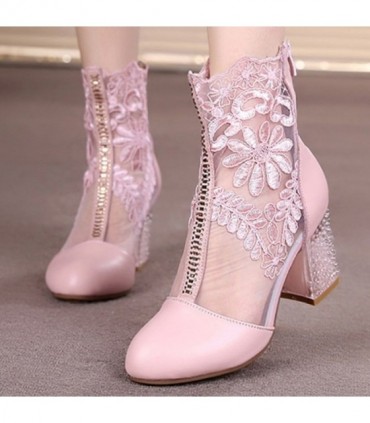 Zapatos de primavera para mujer, botas de moda de cuero genuino con encaje, tacones altos, punta redonda, media pantorrilla, tal